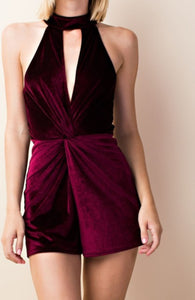 Wine Red Sleeveless Velvet Romper Halter Top Short Stretch Jumpsuit.