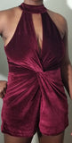 Wine Red Sleeveless Velvet Romper Halter Top Short Stretch Jumpsuit.