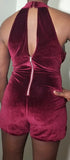 Wine Red Sleeveless Velvet Romper Halter Top Short Stretch Jumpsuit.