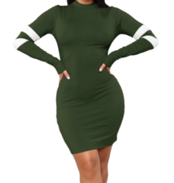 Women's Green Bodycon Dress with Striped Sleeves