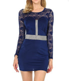 Solid Navy Blue Dress with Lace Detail and Rhinestone Belt