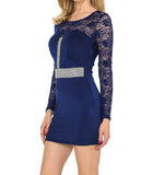 Solid Navy Blue Dress with Lace Detail and Rhinestone Belt