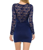 Solid Navy Blue Dress with Lace Detail and Rhinestone Belt