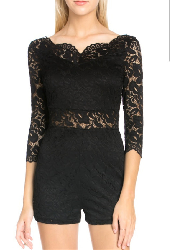 Women's 3/4 Sleeve Black Lace Shorts Romper