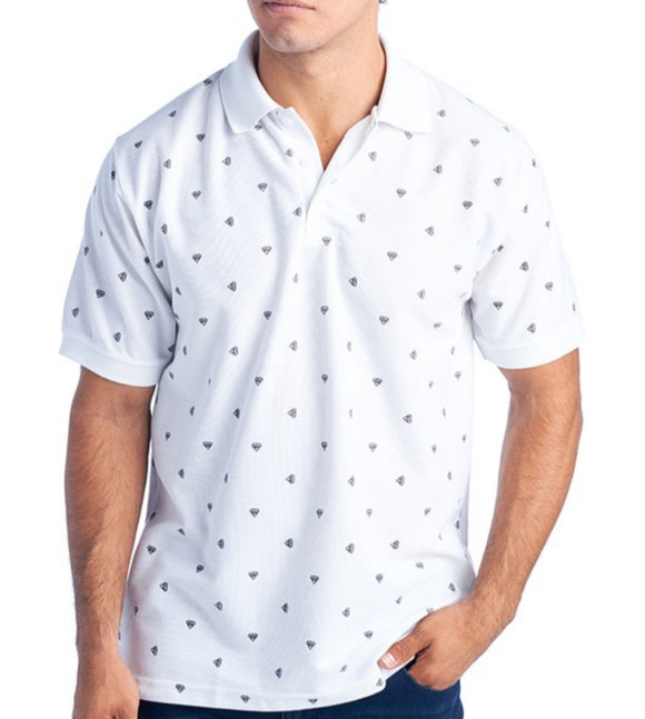 Silver Stone Collection Men's White Printed Diamonds Polo Shirt High Quality, Color Fade Resistant