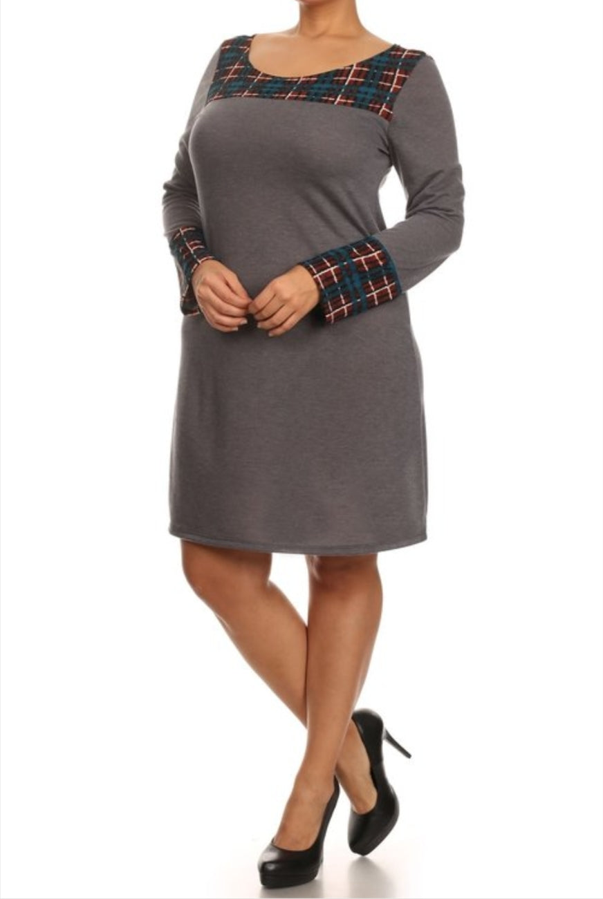 Plus Size Women's Long Sleeve Contrast Plaid Tunic Dress