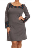 Plus Size Women's Long Sleeve Contrast Plaid Tunic Dress