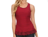 Textured Solid Sleeveless Top Scoop Neck, Back Cutout with Tie & Lace-Trimmed Scalloped Hem