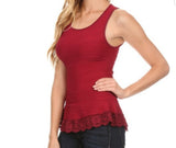 Textured Solid Sleeveless Top Scoop Neck, Back Cutout with Tie & Lace-Trimmed Scalloped Hem
