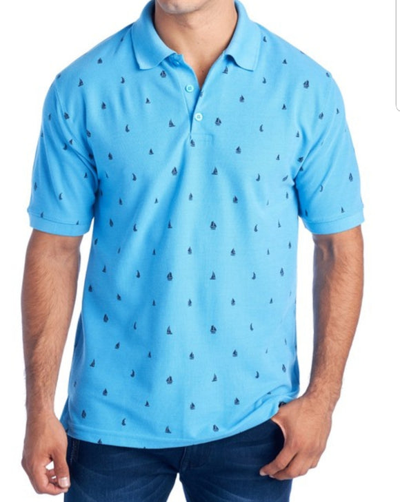 Silver Stone Collection Men's Turquoise Printed Sailboats Polo Shirt