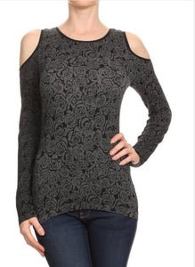 Rose-Print Seamless Waist Length Crew Neck Long Sleeve Top. Onesize Fits: S M L XL