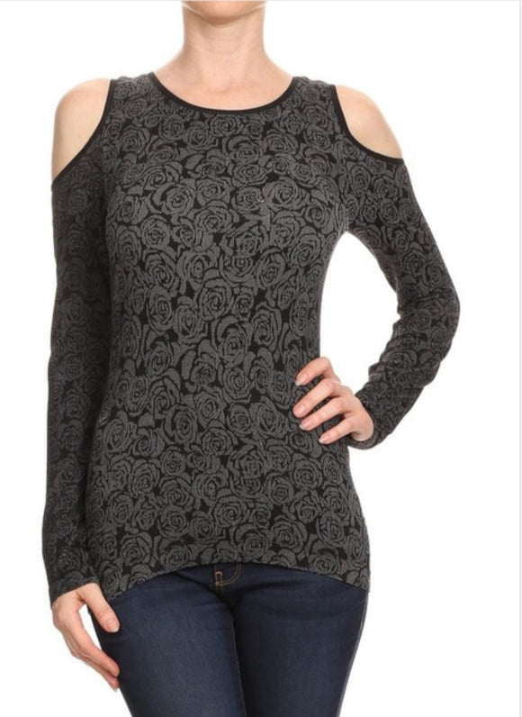 Rose-Print Seamless Waist Length Crew Neck Long Sleeve Top. Onesize Fits: S M L XL
