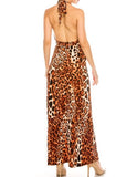 Leopard Print Halter Top Long Maxi Dress with Keyhole Detail on Front. Sizes: S, M, L Only