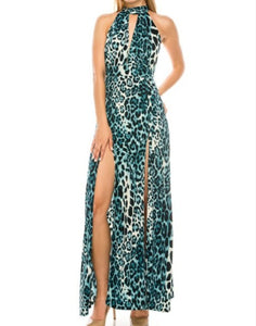 Leopard Print Halter Top Long Maxi Dress with Keyhole Detail on Front. Sizes: S, M, L Only