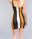 Striped Stretch Knit Cutout Self-Tie Front Bodycon Dress with Cami Straps. Sizes: S, M, L.