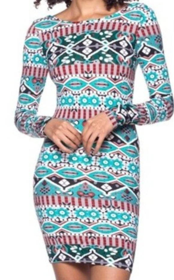 Long Sleeve Print Fitted Bodycon Dress