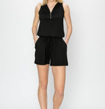 Zipper Trim Cinched Sleeveless Romper