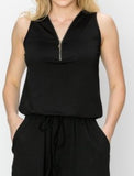 Zipper Trim Cinched Sleeveless Romper