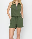 Zipper Trim Cinched Sleeveless Romper