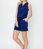 Zipper Trim Cinched Sleeveless Romper