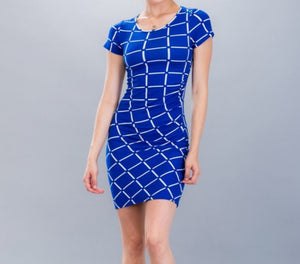 Grid Shirring Stretch Knit Short Sleeve Dress