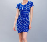 Grid Shirring Stretch Knit Short Sleeve Dress