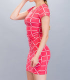Grid Shirring Stretch Knit Short Sleeve Dress