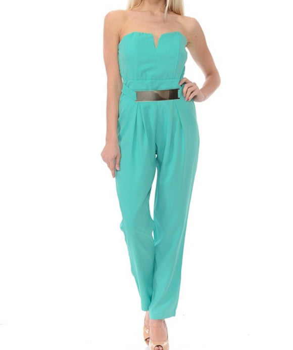 Strapless Jumpsuit with Belt Plate