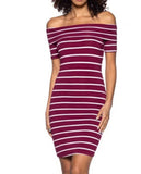 Off Shoulder Stretch Knit Striped Dress