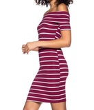 Off Shoulder Stretch Knit Striped Dress