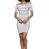 Off Shoulder Stretch Knit Striped Dress