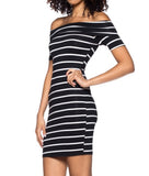 Off Shoulder Stretch Knit Striped Dress