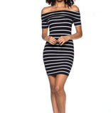 Off Shoulder Stretch Knit Striped Dress