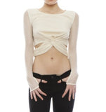 Ladies' Long Sleeve Twisted Mesh Crop Top