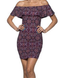 Stretch Knit Fitted Allover Print Off Shoulder Dress