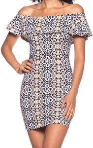 Stretch Knit Fitted Allover Print Off Shoulder Dress