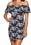 Stretch Knit Fitted Allover Print Off Shoulder Dress