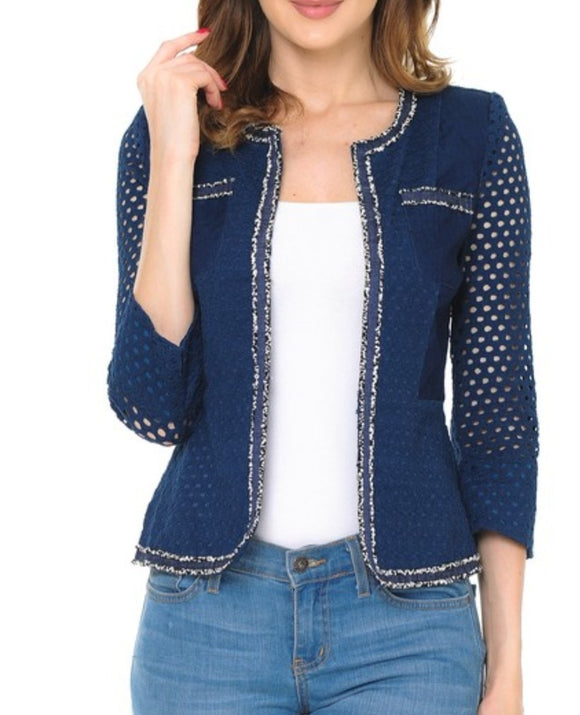 Open Front Blazer with Lace Detail