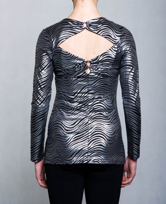 Shiny Wave-printed Long Sleeve Top with Back Cutout