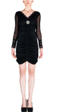 Long Sleeve Ruched Bodycon Dress with Sheer and Lace Detail