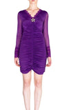 Long Sleeve Ruched Bodycon Dress with Sheer and Lace Detail
