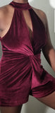 Wine Red Sleeveless Velvet Romper Halter Top Short Stretch Jumpsuit.